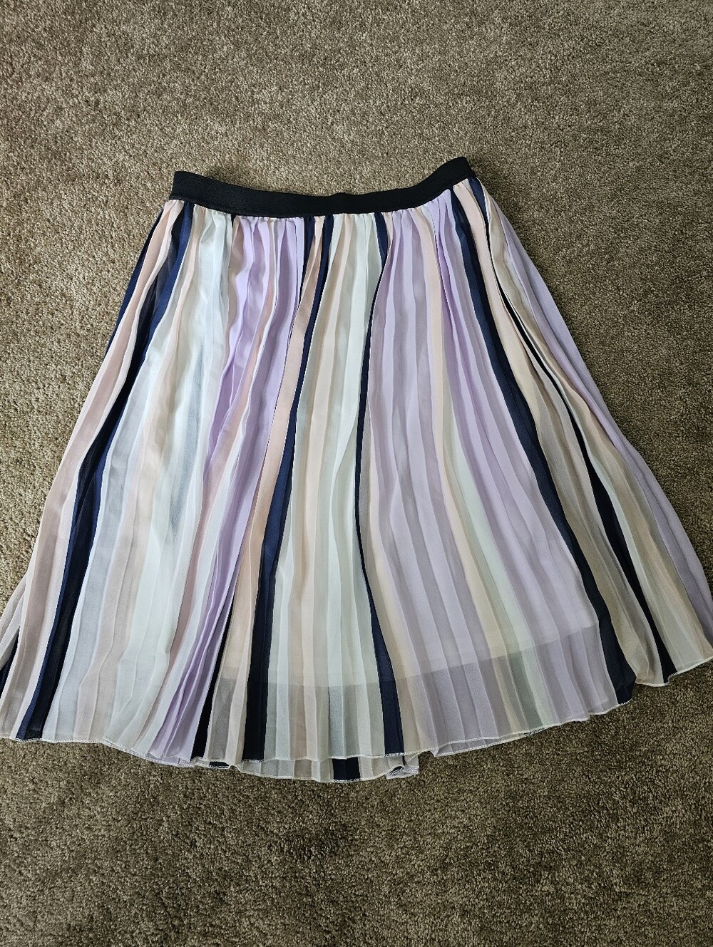 Elle Pastel Pleated Striped Midi Skirt with Navy Waistband Size L